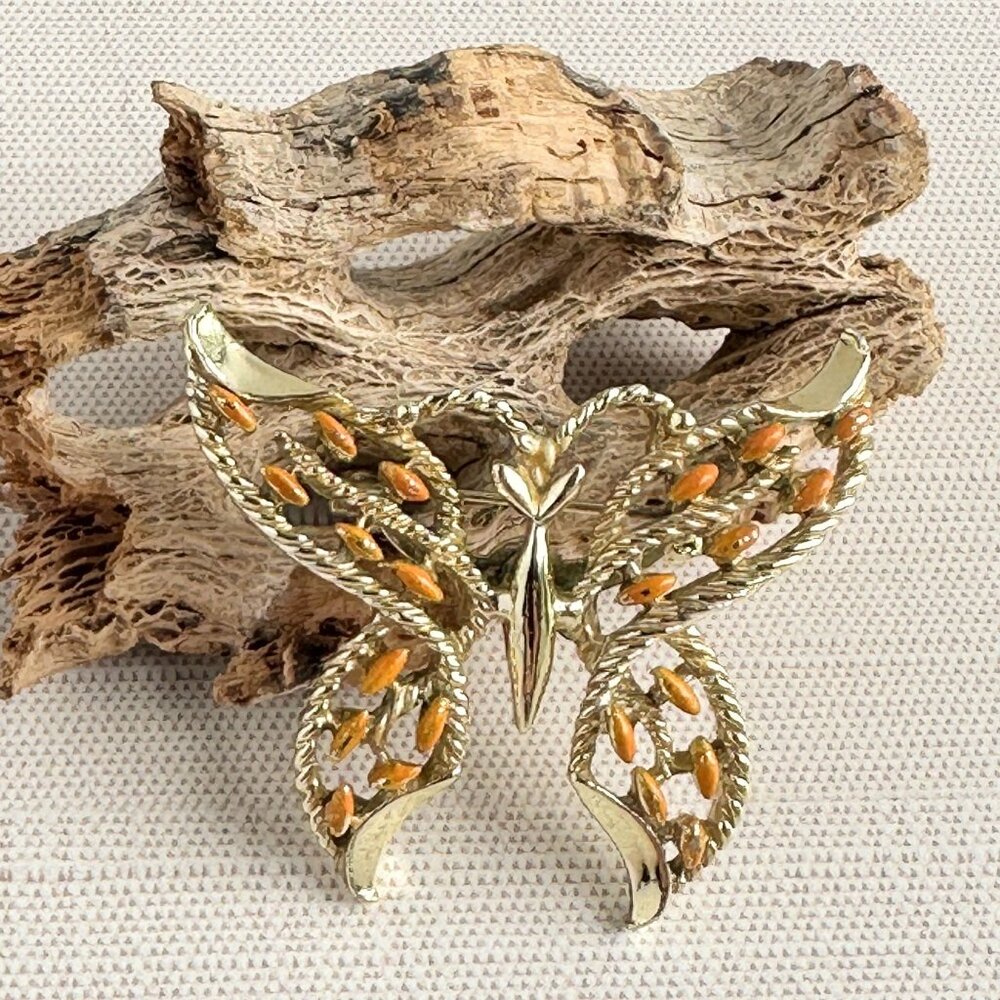 Gold Tone & Orange Enamel Butterfly Brooch 2" Vintage Jewelry Accessory Pin